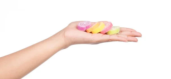 Hand Hält Bunte Bonbons Quallen Süß Isoliert Auf Weißem Hintergrund — Stockfoto