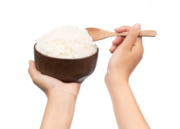 Χέρι Εκμετάλλευση Μπολ Του Ρυζιού Κουτάλι Απομονώνονται Λευκό Φόντο — Φωτογραφία Αρχείου