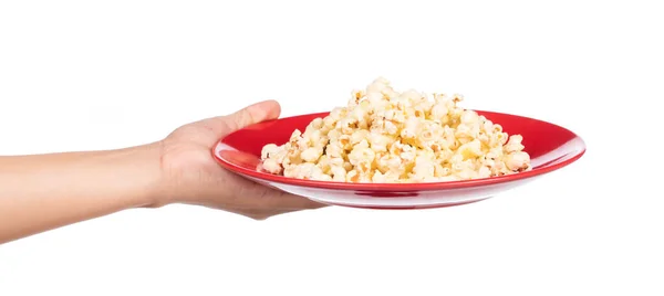 Hand Hält Teller Mit Popcorn Isoliert Auf Weißem Hintergrund — Stockfoto