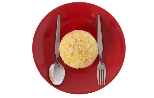 Rice Plate Portion Cooked Yellow Rice Red Ceramic Dish — Stok fotoğraf