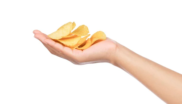 Mão Segurando Batatas Fritas Isoladas Fundo Branco — Fotografia de Stock