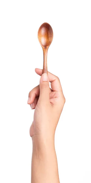 Hand Holding Wood Spoon Isolated White Background — Stock Photo, Image