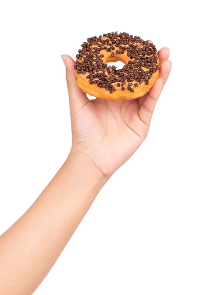 Hand Holding Heerlijke Donut Met Chocolade Geïsoleerd Witte Achtergrond — Stockfoto