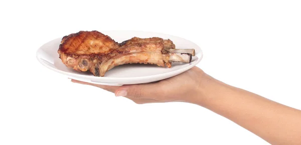Hand Holding Dish Grilled Pork Ribs Isolated White Background — Stock Photo, Image