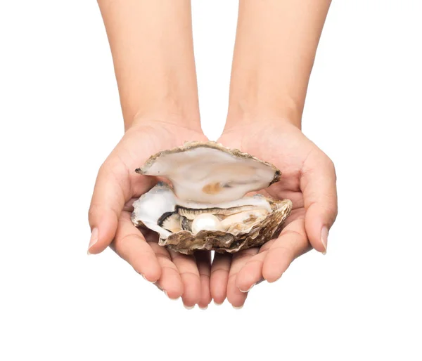 白地に真珠を孤立させた手押し牡蠣 — ストック写真