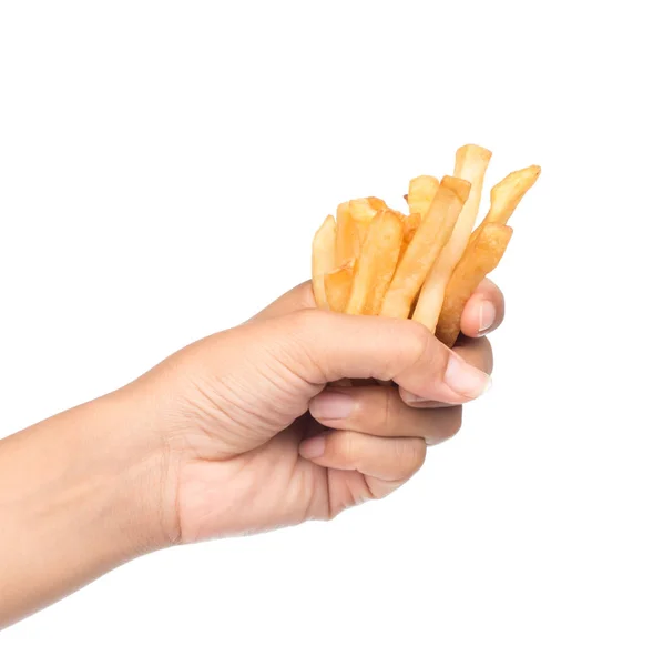 Hand Hält Pommes Kartoffeln Isoliert Auf Weißem Hintergrund — Stockfoto