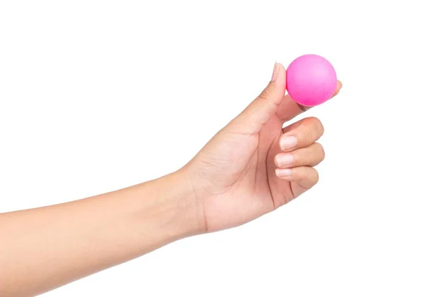 Hand Hålla Rosa Ping Pong Boll Isolerad Vit Bakgrund — Stockfoto