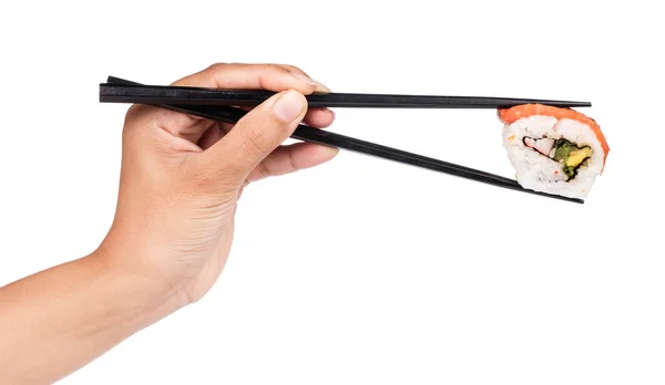 Hand Hält Thunfisch Sushi Nigiri Essstäbchen Isoliert Auf Weißem Hintergrund — Stockfoto