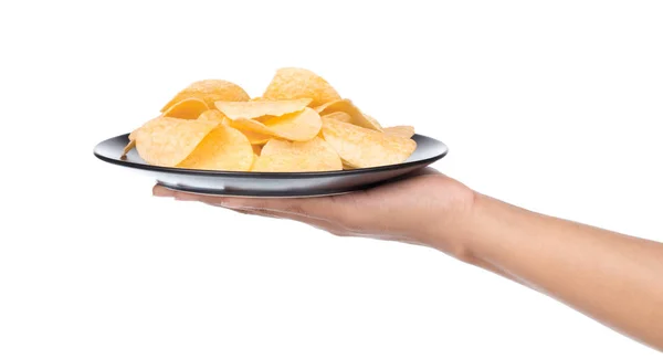 Met Hand Houden Schotel Van Chips Geïsoleerd Witte Achtergrond — Stockfoto