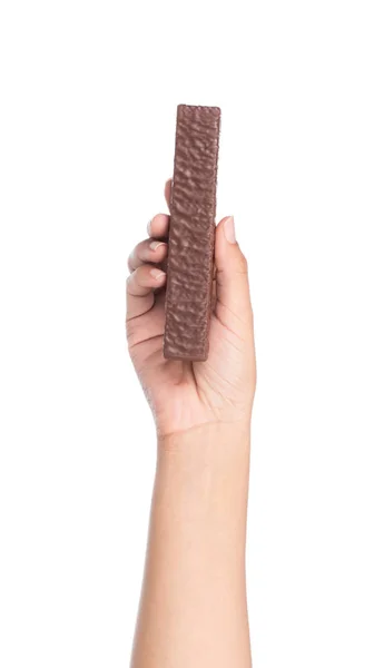 Рука Тримає Шоколадні Вафлі Ізольовані Білому Тлі — стокове фото