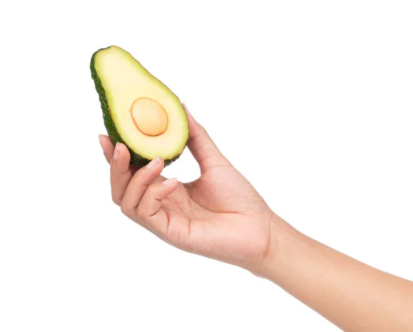 Kézfogás Szelet Avocado Elszigetelt Fehér Háttér — Stock Fotó