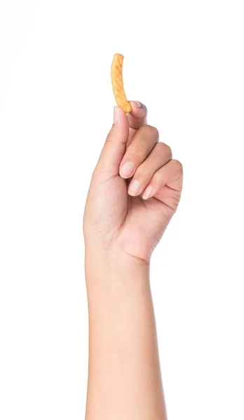 Hand Houden Snack Geïsoleerd Een Witte Achtergrond — Stockfoto