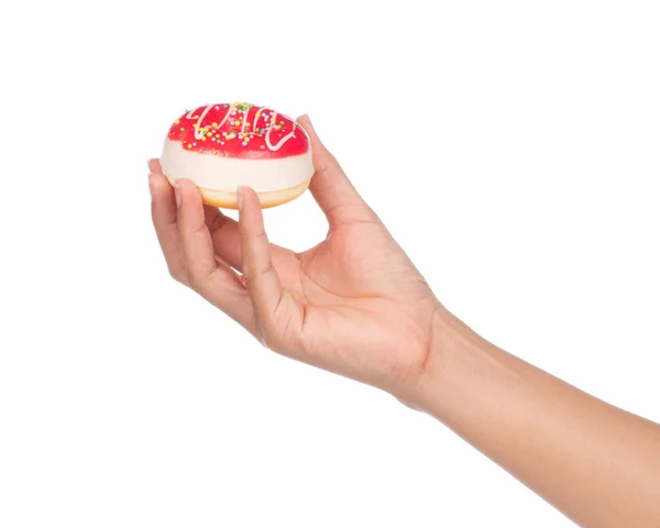 Hand Houden Toy Donut Patroon Rubber Geïsoleerd Witte Achtergrond — Stockfoto