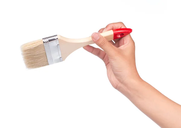 Mão Segurando Pincel Pintura Isolado Fundo Branco — Fotografia de Stock