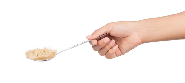 Hand Holding Wontons Spoon Isolated White Background — Stock Photo, Image