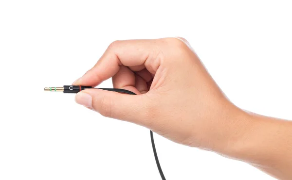Hand Holding Cable Headphones Isolated White Background — Stock Photo, Image