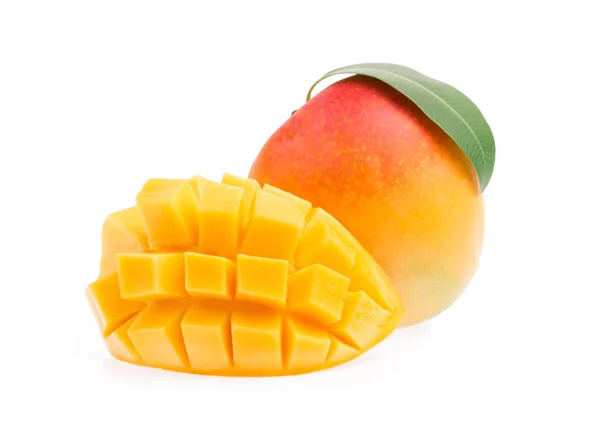 Plátek Mango Listem Izolované Bílém Pozadí — Stock fotografie