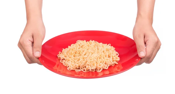 Mano Celebración Cocida Fideos Instantáneos Plato Aislado Sobre Fondo Blanco —  Fotos de Stock