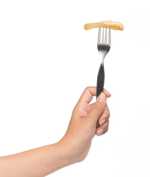 Hand Houden Van Patat Aardappelen Door Vork Geïsoleerd Witte Achtergrond — Stockfoto