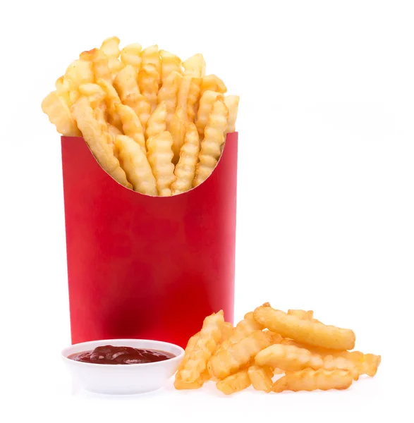 Papas Fritas Una Bolsa Papel Rojo Con Salsa Tamato Aislada —  Fotos de Stock