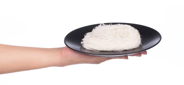 Hand Houden Chinese Noodle Stijl Schotel Geïsoleerd Witte Achtergrond — Stockfoto