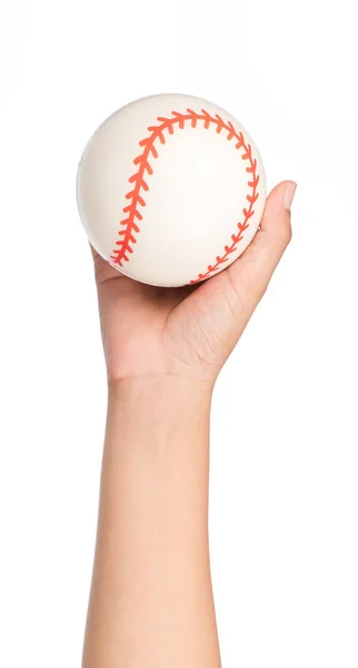 Hand Houden Witte Honkbal Geïsoleerd Witte Achtergrond — Stockfoto
