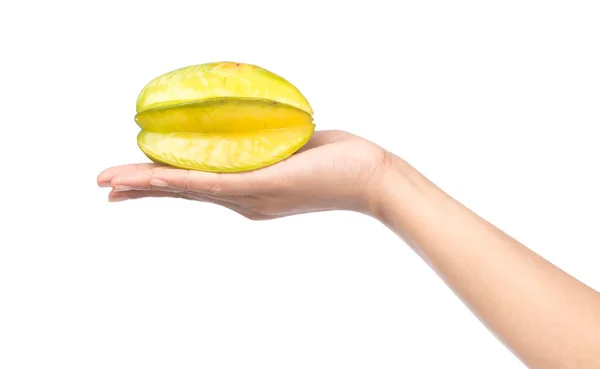 Hand Holding Starfruit Isolated White Background — Stock Photo, Image