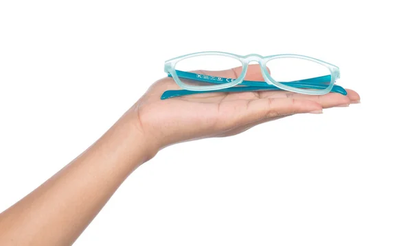 Mano Tenendo Glases Blu Isolato Sfondo Bianco — Foto Stock