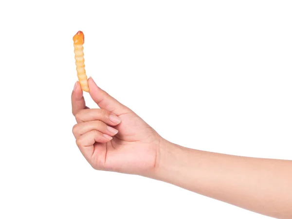 Hand Holding Serrated French Fries Tomato Sauce Isolated White Background — Stock Photo, Image