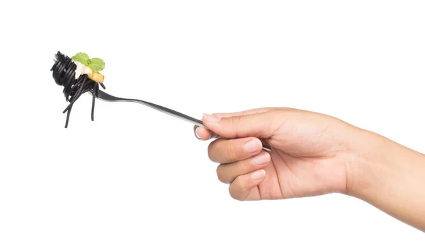 Forchetta Mano Mangiare Spaghetti Pasta Nera Isolati Fondo Bianco — Foto Stock