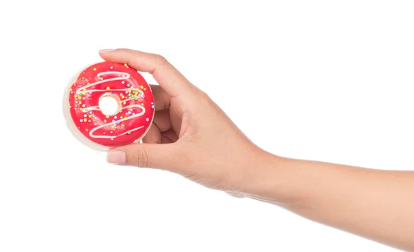Mão Segurando Brinquedo Padrão Donut Borracha Isolada Fundo Branco — Fotografia de Stock