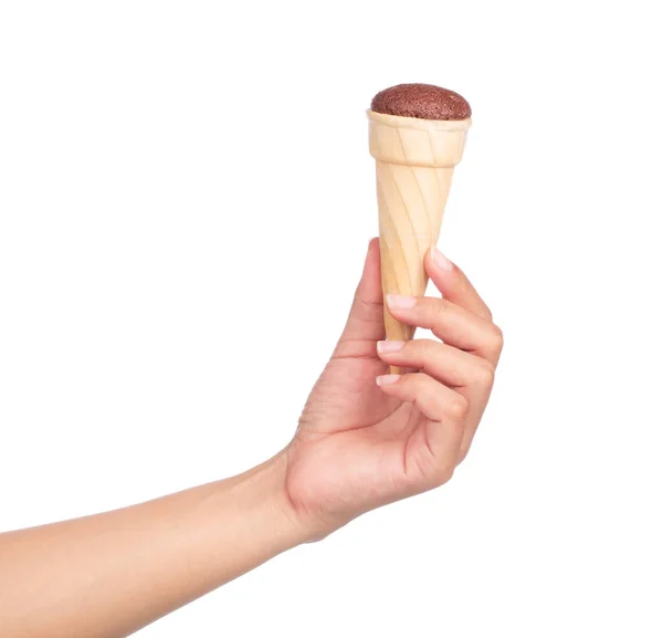Рука Держит Шоколадное Мороженое Конусе Изолированы Белом Фоне — стоковое фото