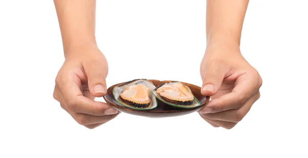 Mano Celebración Mejillones Cocidos Plato Aislado Sobre Fondo Blanco —  Fotos de Stock