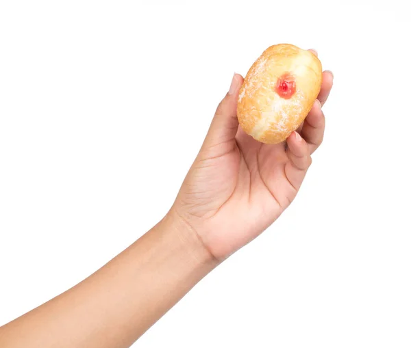 Mão Segurando Framboesa Donut Preenchido Isolado Fundo Branco — Fotografia de Stock