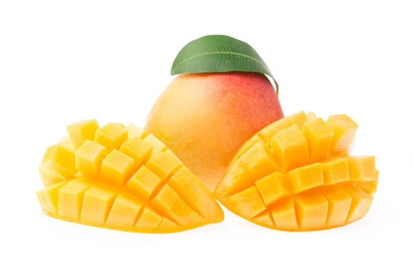 Slice Mango Met Blad Geïsoleerd Witte Achtergrond — Stockfoto