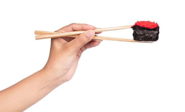 Tangan Memegang Sushi Dengan Sumpit Terisolasi Pada Latar Belakang Putih — Stok Foto