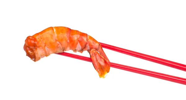 Chopsticks Holding Prawn Isolated White Background — Stock Photo, Image