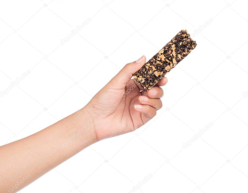 hand holding snacks cereals for healthy isolated on white background.