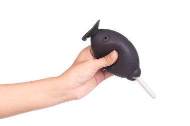 Kamera için silikon üfleyici veya Kauçuk Hava üfleyici veya Toz Temizleyici ve beyaz arkaplanda lensler.