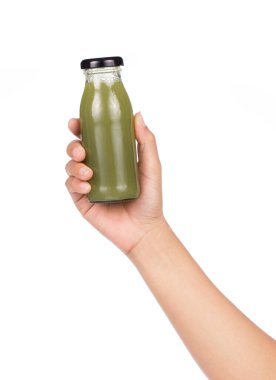 Beyaz arka planda izole edilmiş bir şişe guava suyu..