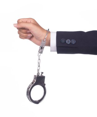 Prangalı işadamının eli beyaz arka planda izole edilmiş.