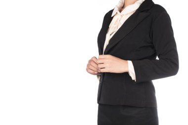 Beyaz arka planda izole edilmiş takım elbiseli kadın portresi