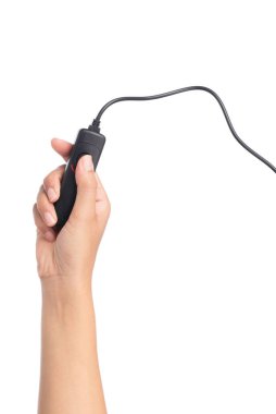 Beyaz arkaplanda izole edilmiş DSLR kamerasının uzaktan kumanda panjur anahtarı..