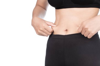 Karın yüzeyine yakın el ele tutuşan şişman kadın, beyaz arka planda izole edilmiş sağlıklı bakım.