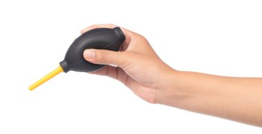 Kamera için silikon üfleyici veya kauçuk hava pompası temizleyicisi ve beyaz arka planda izole edilmiş lensler.