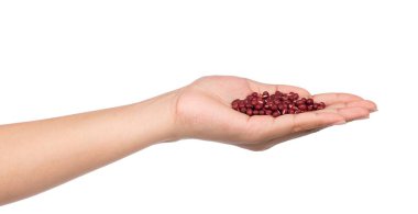 Beyaz arkaplanda el ele tutuşan kırmızı fasulyeler