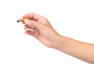 PC Dokunmatik Ekranda yazmak için el ele tutuşma kalemi Beyaz Arkaplanda izole edildi