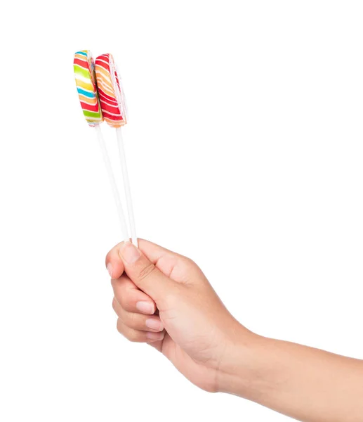 Hand Houden Kleurrijke Spiraal Lolly Geïsoleerd Witte Achtergrond — Stockfoto