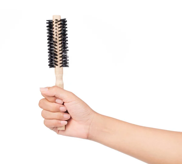 Hand Holding Wood Hair Comb Isolated White Background — Stock Photo, Image