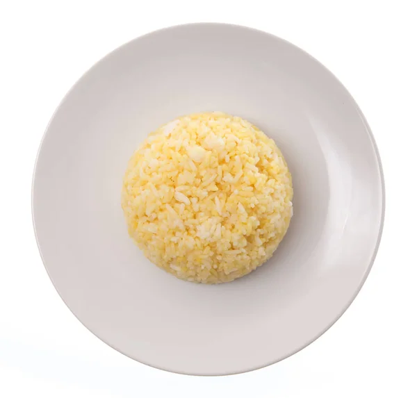 Рис Тарелке Часть Приготовленного Желтого Риса Белом Керамическом Блюде — стоковое фото